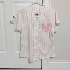 Juniors Large/Womens Small - NYY Pink & White Pinstriped Jersey - Majestic